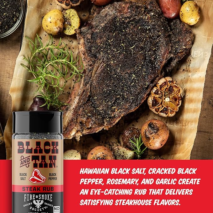 Fire & Smoke Society Black & Tan Steak Seasoning | BBQ Rubs, Steak Rub for Smoking and Grilling Meat | Steaks, Brisket, Burgers Dry BBQ Rubs and Spices | Medium 7 oz