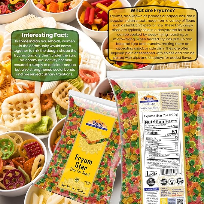 Rani Far Far/Fryums (Wheat & Tapioca Pellet) Star Shape 7oz (200g) ~ Vegan, Kosher, Uncooked, Used to Make Papad, Bhungra/Chip Snack
