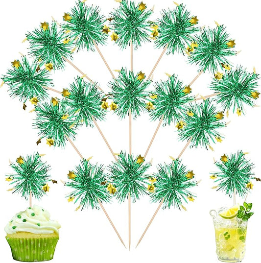 Rsstarxi 30 Pack Foil Firework Cupcake Toppers Birthday Sparkle Tinsel Drink Cake Decorations Cocktail Picks for New Years Valentine's Day Birthday Wedding Graduation Party Decorations Green