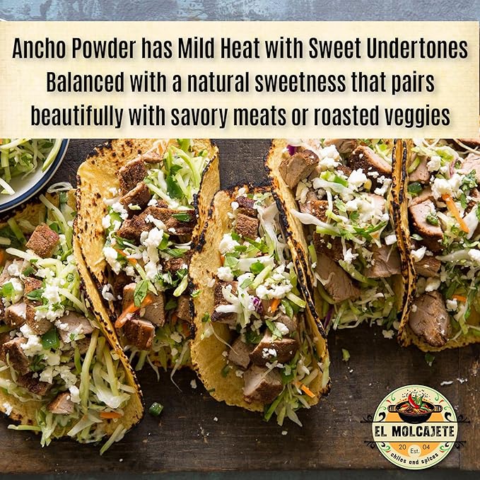 Ancho Chile Powder 4 oz Premium Single Ingredient From Mexico El Molcajete Brand for Sauces, Salsa, Pasta, Chili, Meat, Pizza, Potatoes, Vegetables, Soups, Stews, Chicken and BBQ