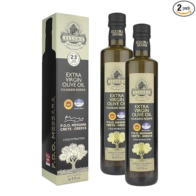 Ellora Farms, Greek Extra Virgin Olive Oil, Certified Single Estate Messara, Greece, Gold Medal Winner, Dark Bottle 17 FL oz., Pack of 2