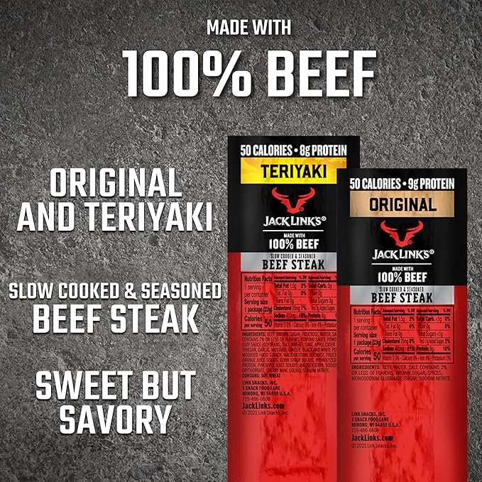 Jack Link's Beef Steak, Original and Teriyaki - Protein Snacks, Meat Snack, Good Source of Protein, Made with 100% Beef, Individually Wrapped Bulk Snack Pack - 0.8 Oz. (12 Count)