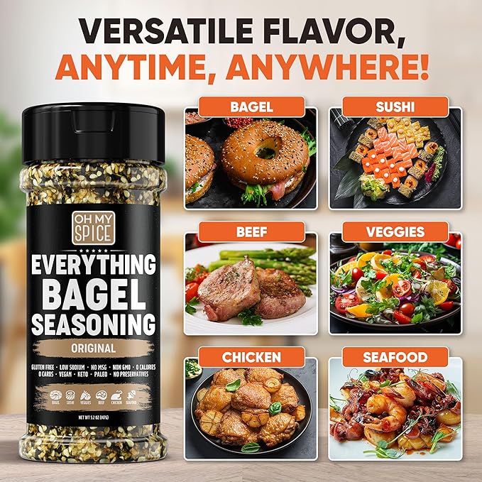 Everything Bagel Seasoning Blend - Gluten Free & Low Sodium Avocado Toast Seasoning. Vegetable Seasonings with Spices & Toasted Sesame Seeds. Egg, Meat & Salmon Keto Seasonings. Salad Toppings. 5.2oz