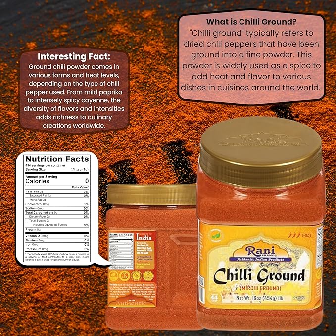 Rani Chilli Powder (Mirchi) Ground Indian Spice 16oz (1lb) 454g PET Jar ~ All Natural | Salt-Free | Vegan | No Colors | Gluten Friendly | NON-GMO | Kosher | Indian Origin