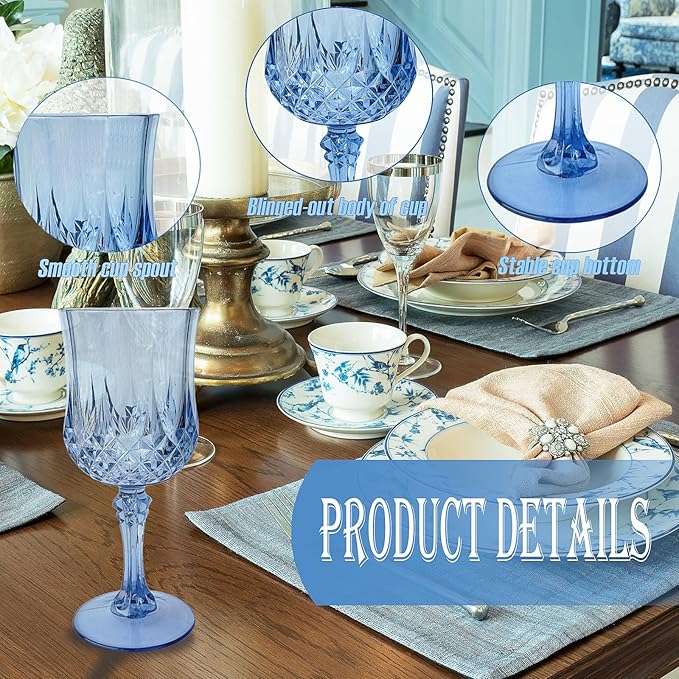 12 PCS Blue Plastic Wine Glasses,Reusable Plastic Wine Glasses,Blue Goblet Glass,Durable and Sturdy Cups Can Be Used for Various Parties Such as Weddings!