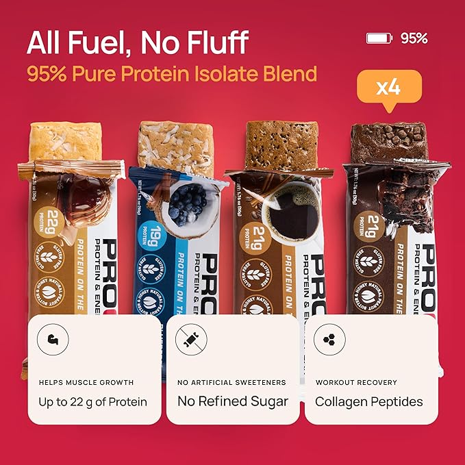 ProGo Protein Bars, Low Sugar, High Protein Snacks (Up to 22g) - 95% Pure Isolate for Faster Muscle Growth & Recovery, Low Calorie, Sweetened w/Peanut Butter & Honey (4-Count, Starter Pack)