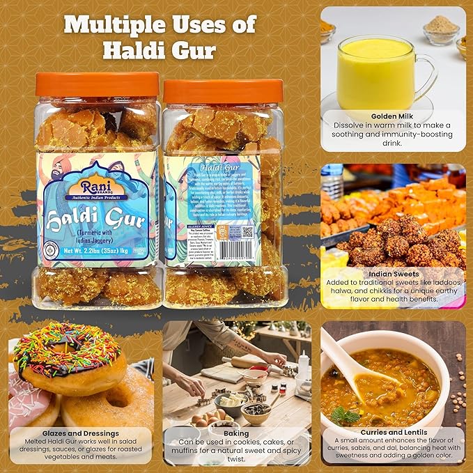 Rani Haldi Gur (Turmeric with Indian Jaggery) Indian Unrefined Raw Cane Sugar 35oz (2.2lbs) 1kg PET Jar ~ Gluten Friendly | Vegan | NON-GMO | Kosher | No Salt or fillers | Indian Product