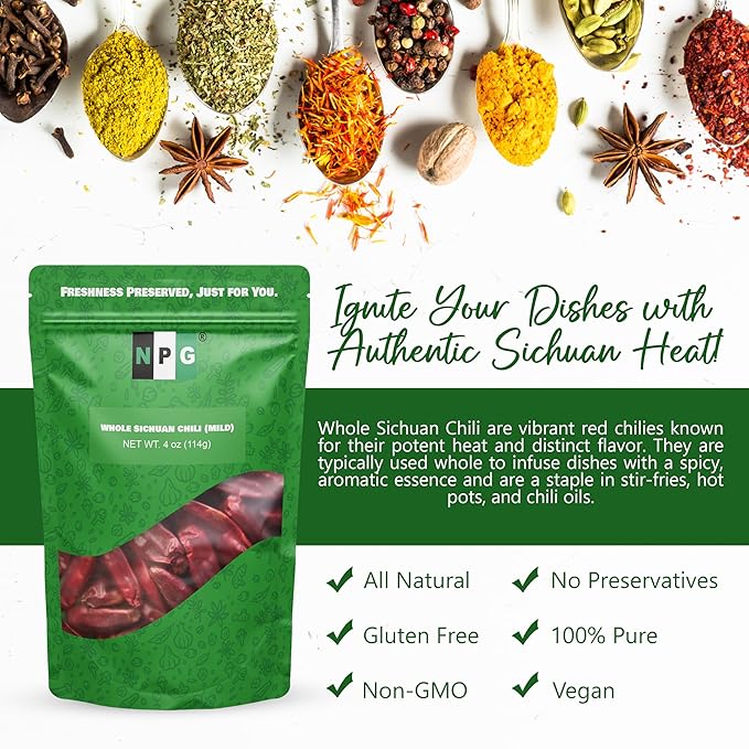 NPG Sichuan Chili Peppers 4 Ounces, Mild, Used in Mexican, Chinese, Thai Dishes, Premium Szechuan Dried Red Chilies for Chili Oil, Paste, and Sauce