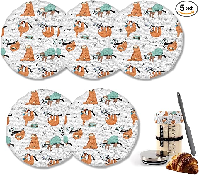 5-Pack Cloth Covers for Sourdough Starter Jar, Cute Sloth Music Cloth Covers Reusable Cloth Lid Top Sourdough Cover Bread Fermentation Baking Supplies for 3-4 Inch Jar Mouth