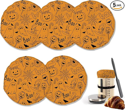 Halloween Pumpkin 5-Pack Cloth Covers for Sourdough Starter Jar, Cloth Covers Reusable Lid Top Cover Sourdough Proofing Bread Fermentation Baking Supplies for 3-4 Inch Jar Mouth