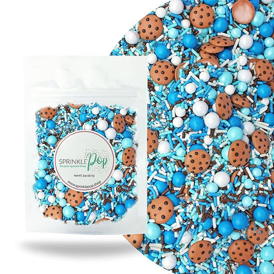 Sprinkle Pop Cookies & Milk Sprinkle Mix| Blue and White Sprinkles with ~6 Hand Piped Chocolate Chips Cookies and Brown Pops| Decorating Sprinkles Made in USA For Birthday Cake Cupcakes Donuts, 2oz