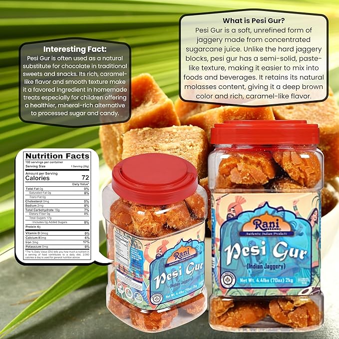 Rani Pesi Gur (Jaggery) Indian Unrefined Raw Cane Sugar 70oz (4.4lbs) 2kg PET Jar ~ Gluten Friendly | Vegan | NON-GMO | Kosher | No Salt or fillers | Indian Product