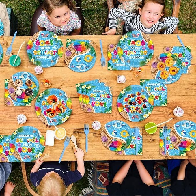 96Pcs Goodbye School Hello Pool Plates and Napkins End of School Year Party Decorations School's Out Pool Dessert Disposable Plates Summer Tableware Set for Graduation Preschool Party Supplies