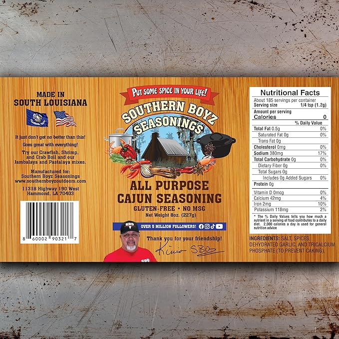 Southern Boyz All Purpose Cajun Creole Seasoning, 8 Ounce Shaker (No MSG, Gluten-Free Blend), 8 Ounce (Pack of 1)