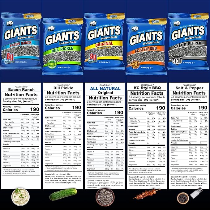 GIANTS Sunflower Seeds Variety Pack - Flavored Sunflower Seeds to Eat, Sunflower Seeds Bulk, Dill Pickle, Bacon Ranch, Salt & Pepper, Original, BBQ, High Protein Snack - 5 oz Bags (5 Pack)