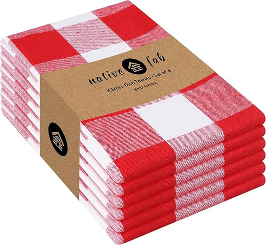 Native Fab 6-Pack Kitchen Towel with Hanging Loop 16x26 inches, Cotton Buffalo Check Kitchen Towels for Cleaning Drying, Washcloths Soft & Absorbent Cloth Rags, Bar Towel, Dish Cloth, Red