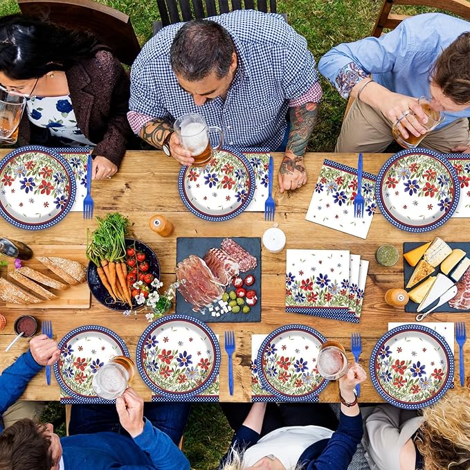 96Pcs American Memorial Patriotic Plates and Napkins Independence Day Party Decorations 4th of July Poppy Flower Dessert Plates Patriotic Tableware for 24 Guests Labor Veterans Days Party Supplies