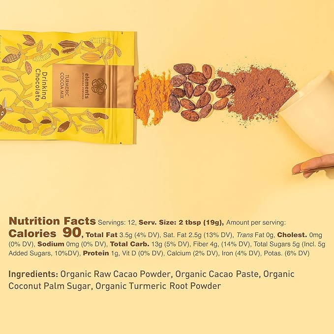 Elements Truffles Turmeric Dark Hot Chocolate -Heavy Metal Tested- All-Natural, Handmade, Dark Hot Chocolate Mix - Uses Ecuadorian, Fair Trade, Organic Cacao Powder - Vegan Hot Cocoa Mix - 8 oz
