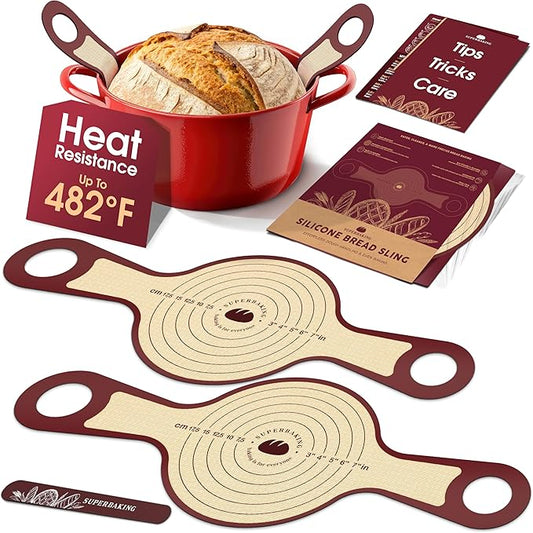 Superbaking Silicone Bread Sling 2 Pcs - 9in set of 2 Round 482F Heat Resistant Dough Lifter, Non-Stick Dutch Oven Liners, Long Handles, Reusable Sourdough Bread Baking Supplies, Sourdough Gifts