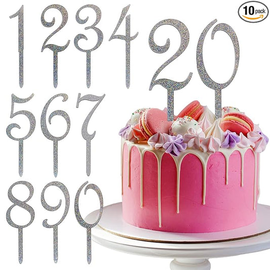 10 PCS Silver Cake Topper Numbers - Large Sturdy Acrylic Cake Decorations for Men and Women, Happy Birthday Decor for All Ages, Custom Toppers from 1st Birthday to 100+