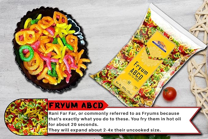 Rani Far Far / Fryums (Wheat & Tapioca Pellet) ABCD Shape 28oz (800g) ~ Vegan, Kosher, Uncooked, Used to Make Papad, Bhungra / Chip Snack