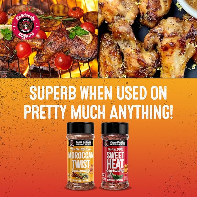 Sauce Goddess - Spicy BBQ Sweet Heat & Moroccan Twist Duo Premium Spices, No MSG, No Additives, Plant-Based, Shakers for Meat & Veggies - 2-Pack