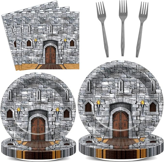 96PCS Medieval Party Plates and Napkin Castle Party Decorations Castle Knight Birthday Party Dessert Plates Medieval Themed Tableware Set for 24 Guests Kids Birthday Baby Shower Party Supplies