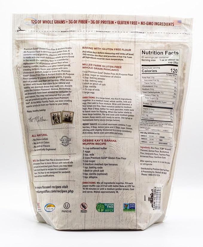 Premium Gold Gluten Free All Purpose Flour, 5 Pound, Gluten-Free, Non-GMO, Kosher, High In Fiber, Source of Omega-3, Plant-Based Protein, No Preservatives, No Additives, Ideal for Beverages, Baking & Topping, Baking Flour Substitute