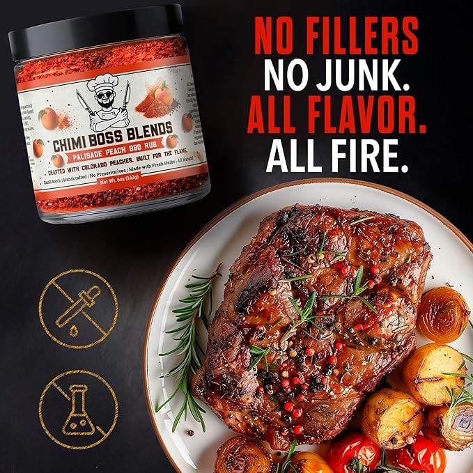 Chimi Boss Blends Palisade Peach BBQ Seasoning, 6oz ??Sweet & Smoky Peach Dry Rub for Grilling, Smoking & BBQ ??Gourmet Small-Batch Spice Blend for Chicken, Pork, Ribs & Vegetables - Made in USA