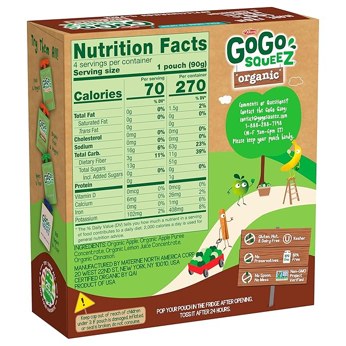 GoGo squeeZ Organic Applesauce and Fruit Puree, Apple Cinnamon, 3.2 oz (Pack of 48), Unsweetened Organic Fruit Snacks for Kids, Gluten Free, Nut Free and Dairy Free, Recloseable Cap, BPA Free Pouches