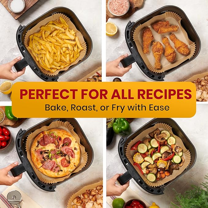 Air Fryer Paper Liners, 125Pcs Air Fryer Disposable Liners, Non-Stick and Oil Proof for Easy Cleanup, 8??Square for 5-8 qt Basket by Baker's Signature