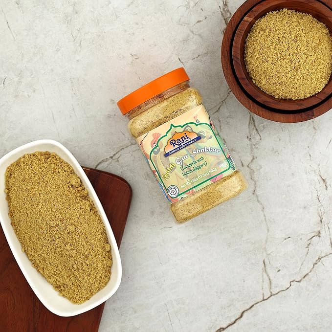 Rani Haldi Gur Shakkar (Turmeric with Indian Jaggery) Indian Unrefined Raw Cane Sugar 17.5oz (1.1lbs) 500g PET Jar ~ Gluten Friendly | Vegan | NON-GMO | Kosher | No Salt or fillers | Indian Product