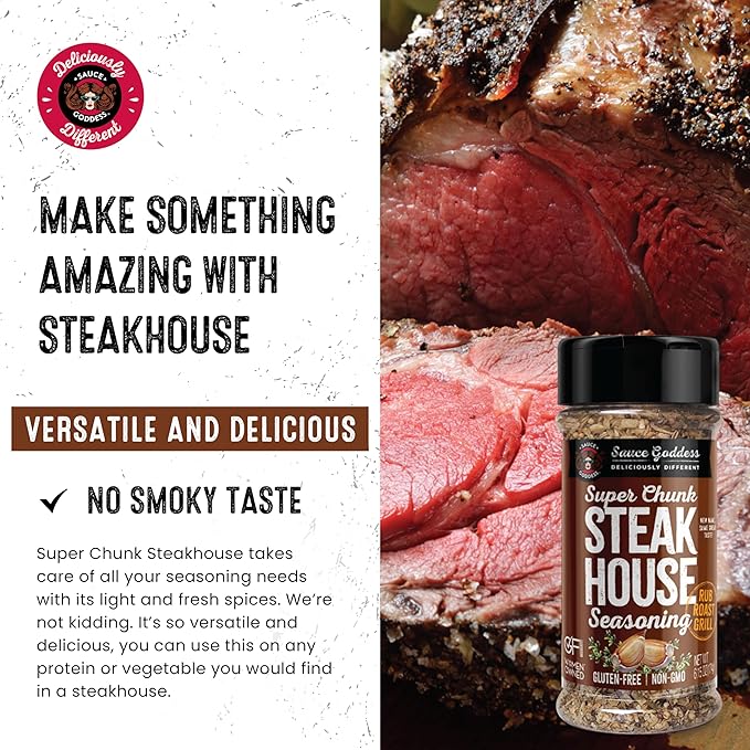 Sauce Goddess - Super Chunk Steakhouse Spice Shaker - Steak Seasoning, BBQ Rub for Chops, Chicken & Veggies, Gluten-Free, Vegan, No Sugar - 6.15 oz