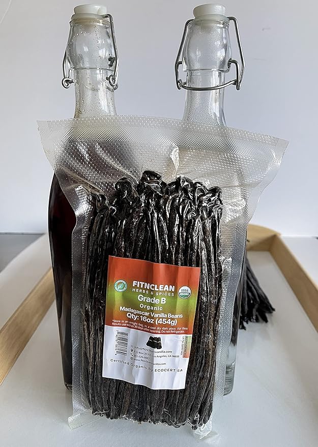 1 Lb Organic Madagascar Vanilla Beans Grade B. Certified USDA Organic 6"-7" by FITNCLEAN VANILLA. 16 oz Whole NON-GMO Bourbon Pods