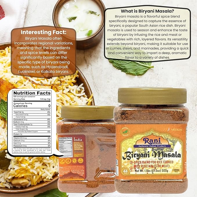Rani Biryani Masala Curry (7-Spice Blend for Indian Rice Dishes, Pullao/Pilau) 17.5oz (1.1lb) 500g PET Jar ~ All Natural | Vegan | No Colors | Gluten Friendly | NON-GMO | Kosher | Indian Origin