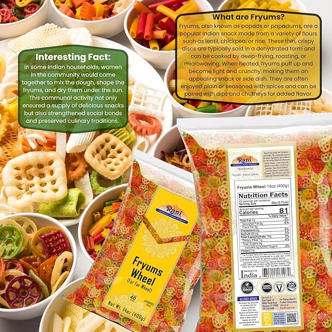 Rani Far Far/Fryums (Wheat & Tapioca Pellet) Wheel Shape 14oz (400g) ~ Vegan, Kosher, Uncooked, Used to Make Papad, Bhungra/Chip Snack