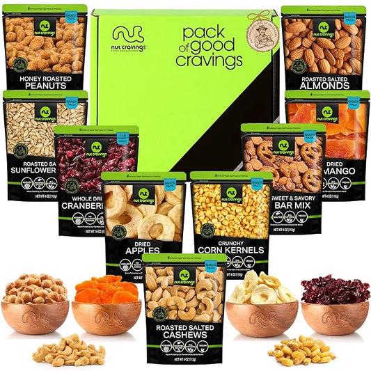 NUT CRAVINGS - Diwali Dried Fruit & Mixed Nuts Basket in Green Box (9 Assortments of 4 oz, 2.25 lb) Food Arrangement, Healthy Snack Care Package, Food Assortments
