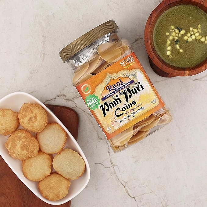 Rani Pani Puri Coins (Uncooked, Microwaveable Wheat Semolina Coins) 32oz (2lbs) 908g w/Pani Puri Masala (14-Spice Blend for Indian Spicy Water) 1.75oz (50g) ~ All Natural | Vegan | NON-GMO | Kosher