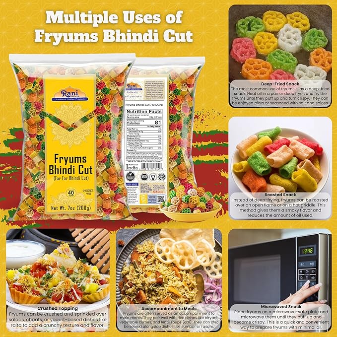Rani Far Far/Fryums (Wheat & Tapioca Pellet) Bhindi Shape 7oz (200g) ~ Vegan, Kosher, Uncooked, Used to Make Papad, Bhungra/Chip Snack