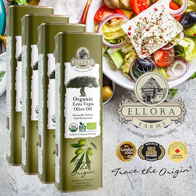 Ellora Farms, USDA Organic Extra Virgin Olive Oil, 2024 Harvest, Gold Award, Unfiltered, High Oleocanthal, Kosher 17 oz tin, Pack of 4