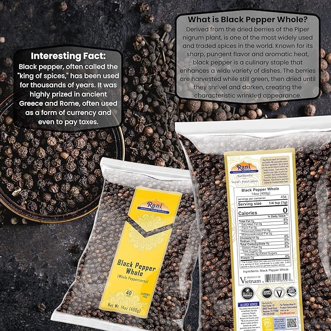 Rani Black Pepper Whole (Peppercorns), Premium MG-1 Grade 14oz (400g) ~ All Natural | Gluten Friendly | Non-GMO | Kosher | Product of Vietnam | Perfect size for Grinders!