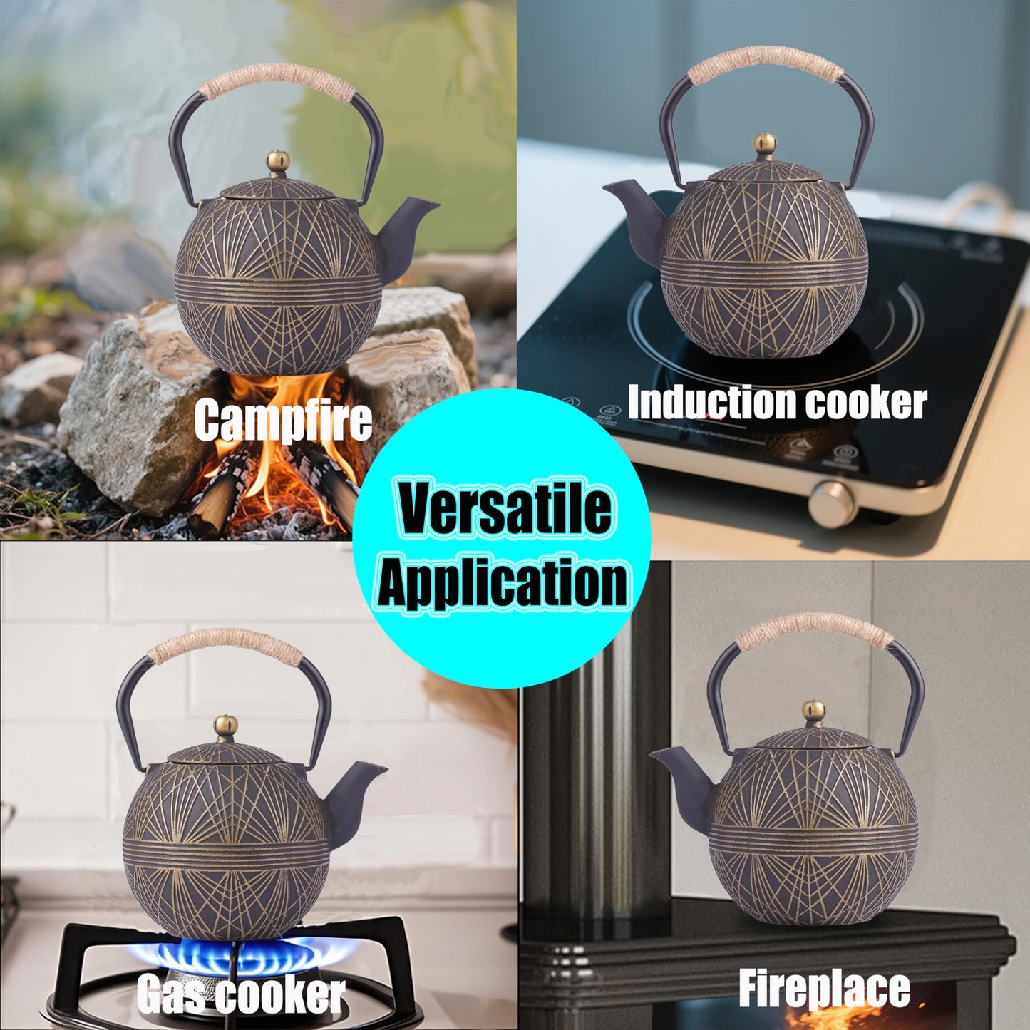 GOTOSOBAY Cast Iron Teapot 34oz with Infuser, Geometric Pattern Enamel
