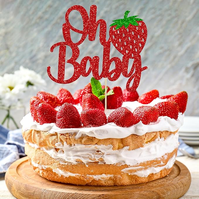 1 Pack Sweet Oh Baby Cake Topper Glitter Oh Baby Strawberry Cake Pick Fruit Berry Cake Decoration for Summer Strawberry Baby Shower Kids Birthday Party Supplies Red