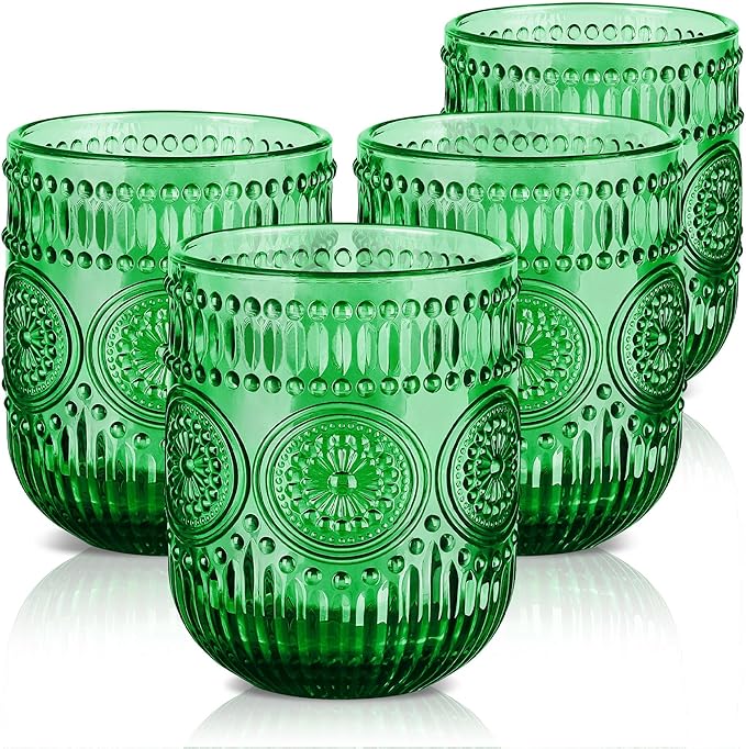 Joeyan Vintage Green Drinking Glasses Set of 4,9 oz Embossed Sunflower Small Water Glass Tumbler Cups,Colored Romantic Beaded Glassware for Beverages Cocktail Juice Wine,Dishwasher Safe