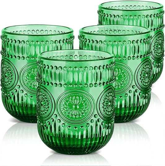Joeyan Vintage Green Drinking Glasses Set of 4,9 oz Embossed Sunflower Small Water Glass Tumbler Cups,Colored Romantic Beaded Glassware for Beverages Cocktail Juice Wine,Dishwasher Safe