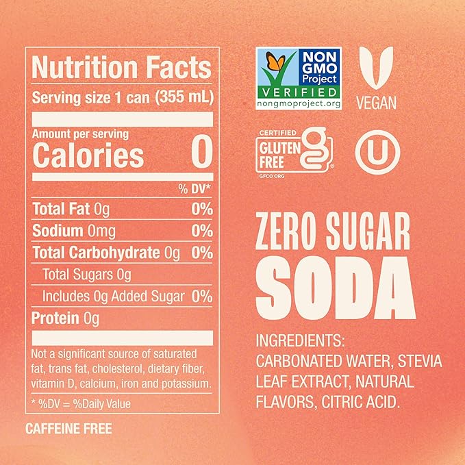 Zevia Zero Sugar Soda, Peaches and Cream, 12 oz Cans (8-Pack) ??Caffeine Free, Naturally Sweetened, No Calorie Soda - Non-GMO Project Verified, Gluten-Free, Vegan