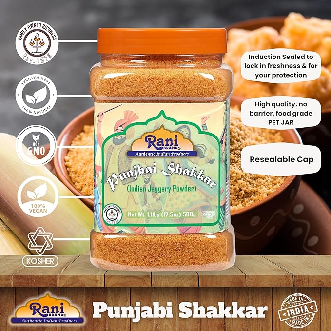 Rani Punjabi Shakkar (Gur Jaggery Powder) Indian Unrefined Raw Cane Sugar 17.5oz (1.1lbs) 500g PET Jar ~ Gluten Friendly | Vegan | NON-GMO | Kosher | No Salt or fillers | Indian Product