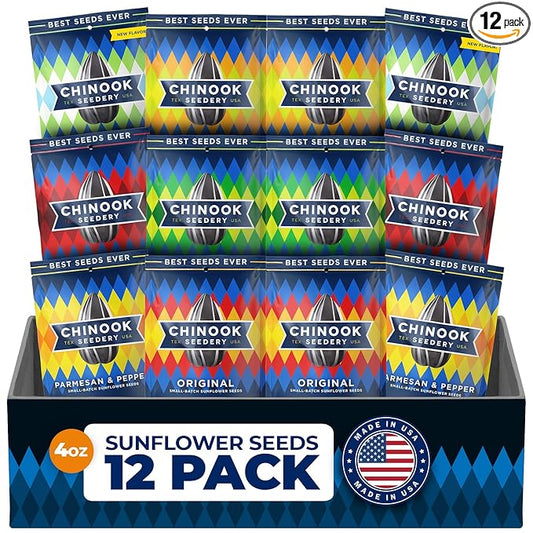 Chinook Seedery Roasted Jumbo Sunflower Seeds - Keto Snacks, Gluten-Free, Non-GMO, 8 Flavor Variety Pack 4 oz (12-Pack)