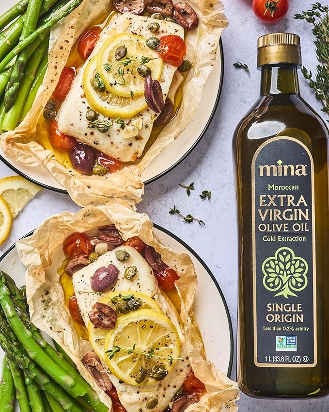 Mina Olive Oil Extra Virgin 33.8 Fl Oz, New Harvest, Polyphenol Rich Olive Oil for Cooking, Moroccan EVOO, Single Origin, Cold Extraction, Less than 0.2% Acidity, 1 L