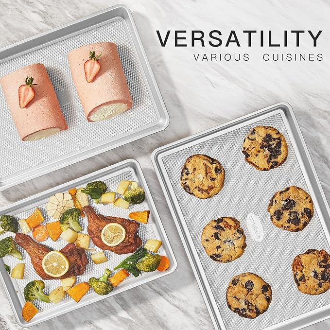 HONGBAKE Baking Sheet Pan Set, Cookie Sheets for Oven, Nonstick Half/Quarter/Jelly Roll Pans with Diamond Texture Pattern, Heavy Duty Cookie Tray, Silver